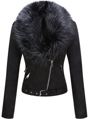 〽️Women's Black Faux Suede Sherpa Moto Coat Faux Fur Collar Belted Jacket